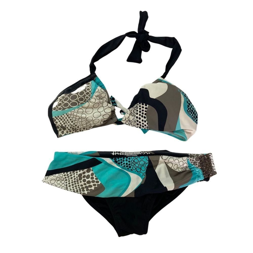 Tarra Grinna Women's Bikini Set Sz 8 D Multi Color Halter Black Blue Swimsuit